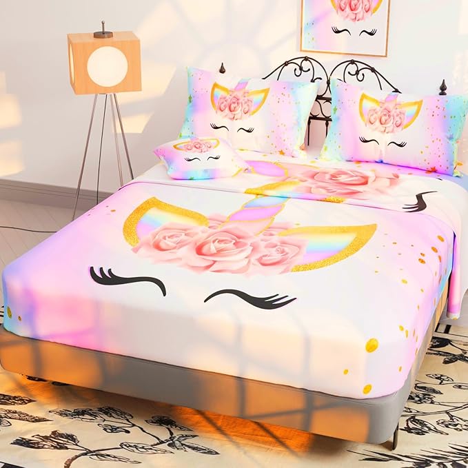 6 Pieces Unicorn Comforter Sets,3D Pink Unicorn Pattern,Decorative 6 Piece Bedding Sets with Comforter,Flat Sheet,Fitted Sheet,Throw Pillow Cover,Pillow Shams,Twin Size