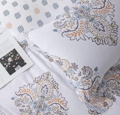 SLEEPBELLA Comforter Twin Size, 600 Thread Count Cotton Yellow & Blue Damask with Taupe Brown Reversible Pattern White Comforter Sets,Down Alternative Bedding Set 2Pcs (Twin, White Damask)