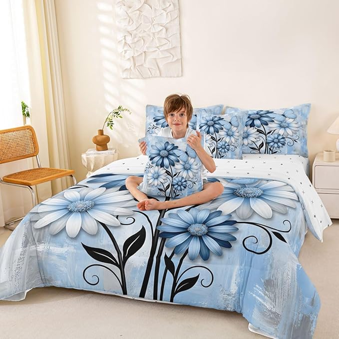 Feelyou Blue Floral Comforter Set With Sheets 7 Piece Full Size Daisy Blossom Flowers Pattern Bedding Set for Kids Boys Girls Abstract Geometric Art Bed in a Bag Room Decor Soft Lightweight Microfiber