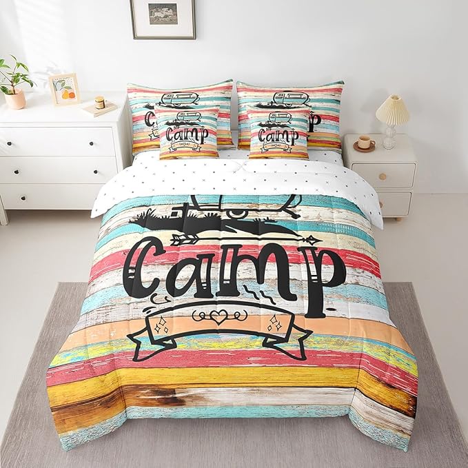 Full Size 7-Piece Camping Decor Comforter Set - Bed in a Bag, Rv Camper Lovers Comforter Set with Rustic Wooden Sheets, 1 Comforter, 2 Pillowcases, 2 Throw Pillow Covers