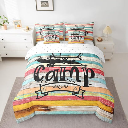 King Size 7-Piece Camping Comforter Set Bed in a Bag for Rv & Camper Lovers - 1 Comforter, 1 Flat Sheet, 2 Pillowcases & 2 Throw Pillow Covers