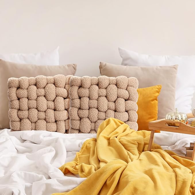 Wenqik 2 Pcs Knot Pillows Square Knotted Plush Throws Soft Accent Pillows Decoration Cushion for Couch Home Office Living Room Bedroom Bed Sofa Decor, 12'' x 13''(Khaki,Lambswool)