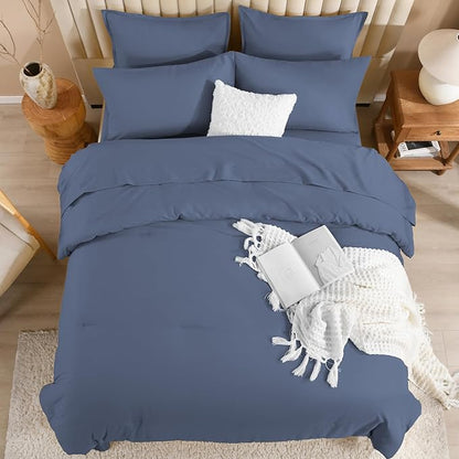 Litanika California King Comforter Set Bluish Grey - 7 Pieces Bed in a Bag Cal King Bedding Comforter Sets, Plain Lightweight Bed Set with Comforter, Sheets, Pillowcases & Shams