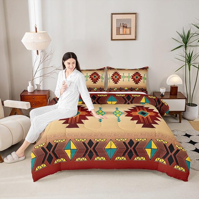 Erosebridal Western Aztec Comforter Set for Boys, Native Tribal Ethnic Bedding Set Queen Size Farmhouse Boho Geometric Quilt Southwestern Ethnic American Native Duvet Insert for Adult Men, Red
