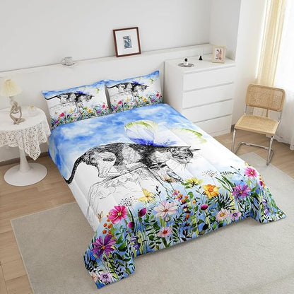 Erosebridal Cat Comforter Colorful Flower Bedding Set Cute Pet Animal Down King Butterfly Floral Leaves Plant Duvet Black and White Kawaii Farmhouse Room Decor Blue 3Pcs Warm Soft