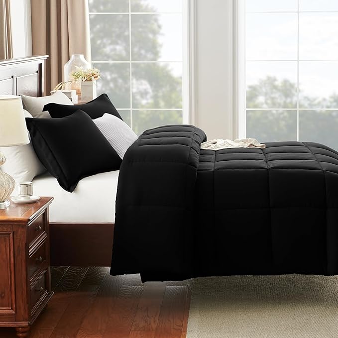 CozyLux Full Size Comforter Sets - Black Comforter Full Size, 3 Pieces Box Stitched Bed Set for All Seasons, Soft Lightweight Bedding Sets with 1 Down Alternative Comforter and 2 Pillow Shams