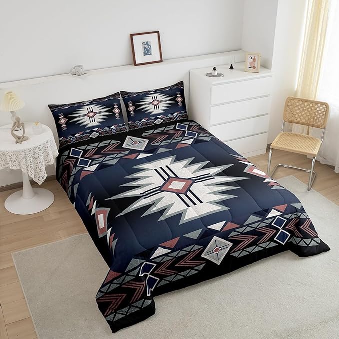 Southwestern Comforter Set Twin Size,Geometric Aztec Tribal Arrow Striped Bedding Set,Kids Adult Rustic Farmhouse Western Quilt Set Dark Blue Red Vintage Bohemian Duvet Insert,1 Pillowcase