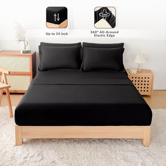 Twin/Twin XL Comforter Duvet Cover Set Black- 7-Piece Bed in a Bag, Double Brushed Micorfiber All-Season Soft Bedding with Sheets & Envelope Pillowcases (68"x88",Twin)