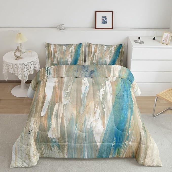 Erosebridal Blue Brown Bedding Full Ombre Abstract Art Comforter Set, Brush Marks Gradient Down Comforter Contemporary Vintage Bedding Comforter Sets, Watercolor Stripe Aesthetic Duvet Insert