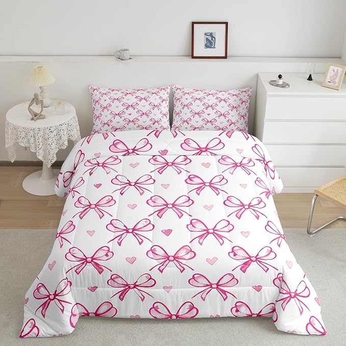 Pink Bow Girlish Kids Comforter Set Full Size,Bowknot Love Heart Hand Paint Cute Bedding Set,Girls Women Room Decor,Princess Style Bow Tie Down Comforter,Girly Romantic Duvet Insert,2 Pillowcases