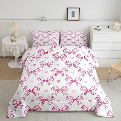 Pink Bow Girlish Kids Comforter Set Full Size,Bowknot Love Heart Hand Paint Cute Bedding Set,Girls Women Room Decor,Princess Style Bow Tie Down Comforter,Girly Romantic Duvet Insert,2 Pillowcases