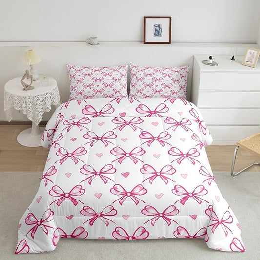 Pink Bow Girlish Kids Comforter Set Twin Size,Bowknot Love Heart Hand Paint Cute Bedding Set,Girls Women Room Decor,Princess Style Bow Tie Down Comforter,Girly Romantic Duvet Insert,1 Pillowcase