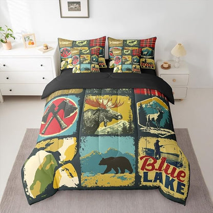 Erosebridal Farmhouse 7 Piece Comforter Set King Rustic Cabin Camper Bedding Set Retro Woodland Bear Deer Wildlife Duvet Insert Pike Fish Hunting Animal Plaid Sheet Set with Comforter Bedroom Decor