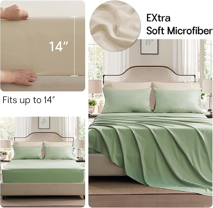 Anluoer Sage and Cream King Comforter Set 7 Pieces, Bed in a Bag with Sheets, All Season Bedding Sets with 1 Comforter, 2 Pillow Shams, 2 Pillowcases, 1 Flat Sheet, 1 Fitted Sheet