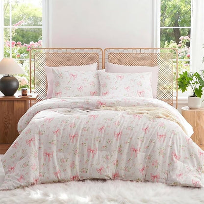 Pink Bow Comforter Set Queen 3Pcs Pink Floral Bedding Set for Girls Kids Cute Romantic Princess Style Bowknot Bedding Ultra Soft Garden Flower Comforter Sets with 2 Pillowcases