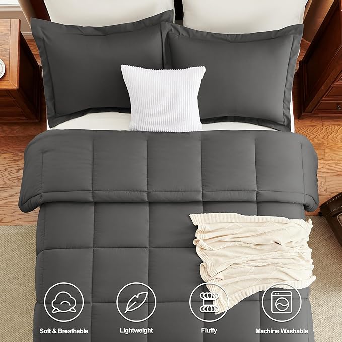 CozyLux Full Size Comforter Sets - Dark Grey Comforter Full Size, 3 Pieces Box Stitched Bed Set for All Seasons, Soft Lightweight Bedding Sets with 1 Down Alternative Comforter and 2 Pillow Shams