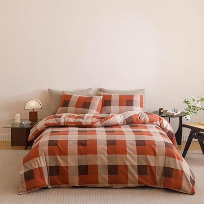 CLOTHKNOW Rust Khaki Plaid Comforter Set Full Size Gingham Buffalo Bedding Comforter Sets Geometric Comforter Full Sets with 2 x Pillow Cases