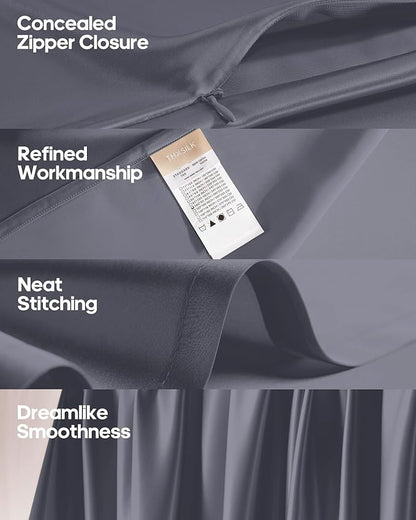 THXSILK Silk Sheet Set 3 Pcs, Twin XL Size Sheet Set, Soft Breathable Cooling Bed Sheets with 1 Flat Sheet, 1 Fitted Sheet, 1 Pillowcase with Zipper Closure, Blue Grey