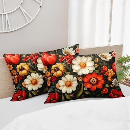Cute Flower 3 Piece Bedding Set Queen Size，Colorful Floral Ultra Soft Microfiber Comforter Bed Set with 3-Pieces,Cute Colorful Botanical Flowers Patterned Bedroom Decor Comforter and 2 Pillow Shams