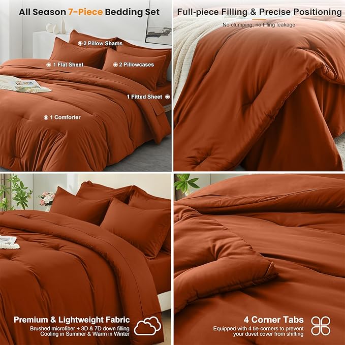 Queen Comforter Set 7 Piece - Soft Bed in a Bag Queen Size Comforter Sets, Cozy Luxury Bedding Sets with All Season Comforter, Flat Sheet, Fitted Sheet,2 Pillowcases & 2 Shams, Orange