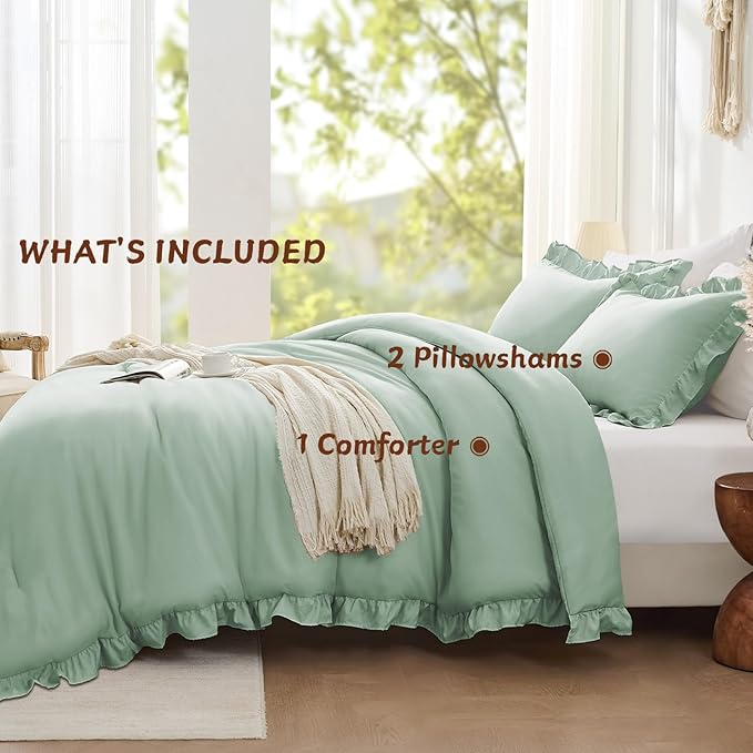 FUANNA Queen Comforter Set Sage Green, 3 Pieces Ruffle Queen Bed Set, Fluffy Bed in a Bag Queen for All Seasons, Shabby Chic Bedding Comforter Sets with 1 Lightweight Comforter & 2 Pillowshams