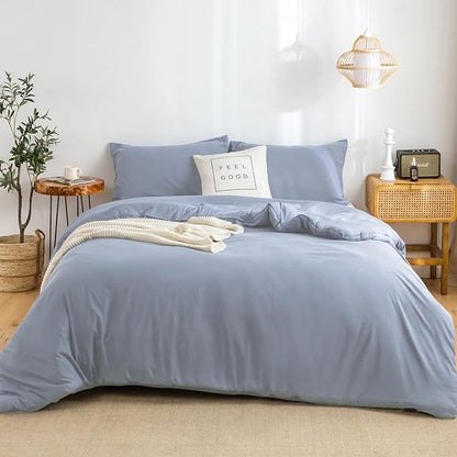 COTTEBED Solid Comforter Queen Set for Mens Women - Soft Thin Washed Cotton Ligtht Weight Full Sized Bedding Down Alternative Comforters Sets with 2 Pillow Shams (Light Dusty Blue,Queen/Full)