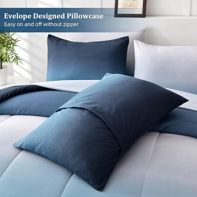 Anibedding Blue Comforter Set Queen - 7 Pieces Ombre Blue White Microfiber Bedding Set - All Season Down Alternative Light Ocean Sea Abstract Bed in a Bag for All Season (90" x90")
