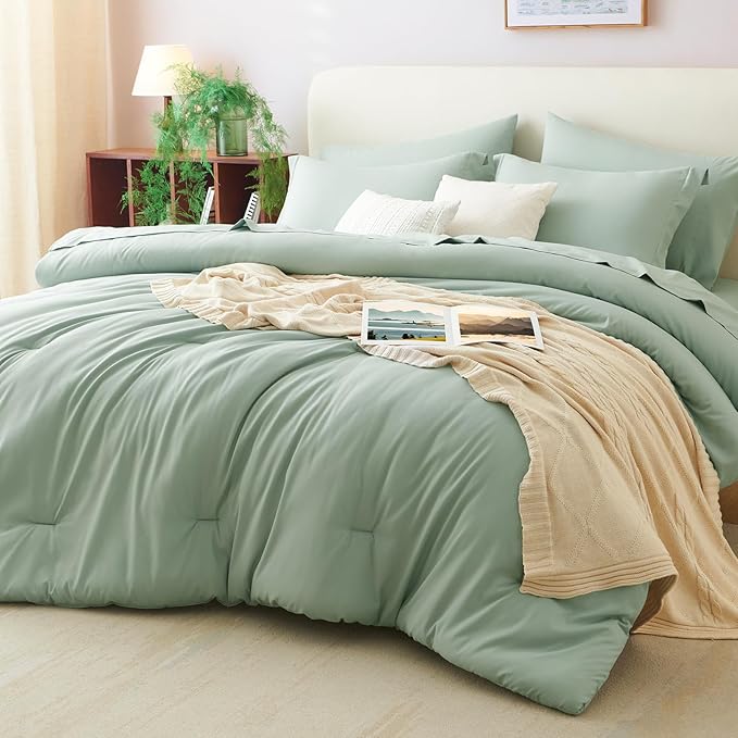 CozyLux King Comforter Set Sage Green, 7 Pieces Bed in a Bag, Bedding Comforter Set with Sheets, All Season Boho 7PC Bed Sets with Comforter, Fitted Sheets, Flat Sheets, Pillow Shams and Pillowcases