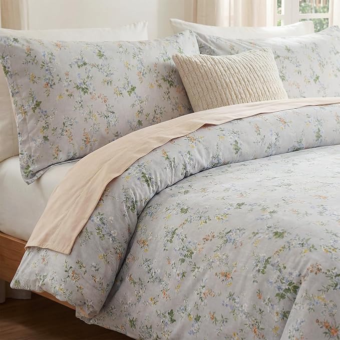 Floral Comforter King Size 100% Cotton Bedding Set Green & Yellow Flowers Cotton Comforter Sets 3 Pcs Reversible Lightweight Bedding Sets for All Seasons