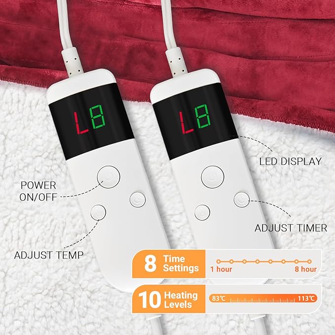 Electric Heated Blanket Throw Size 50''x60'' Soft Flannel & Sherpa Electric Blanket with 10 Heating Levels, Automatically Shut Down After 8h with Overheat Protection Machine Washable