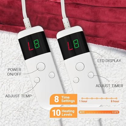 Electric Heated Blanket King Size 90''x100'' Soft Flannel & Sherpa Electric Blanket with 10 Heating Levels, Automatically Shut Down After 8h with Overheat Protection Machine Washable