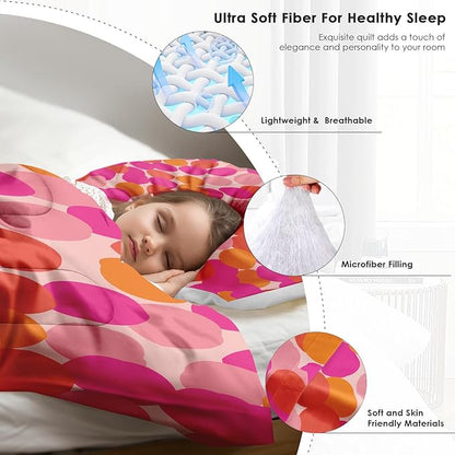 Comforter Set Full Size, Pink Orange Colorful Soft 3 Pcs Bedding for Kids and Adults, Fruit Retro Leaves Comforter Set with Pillowcase, for Bedroom Bed Decor