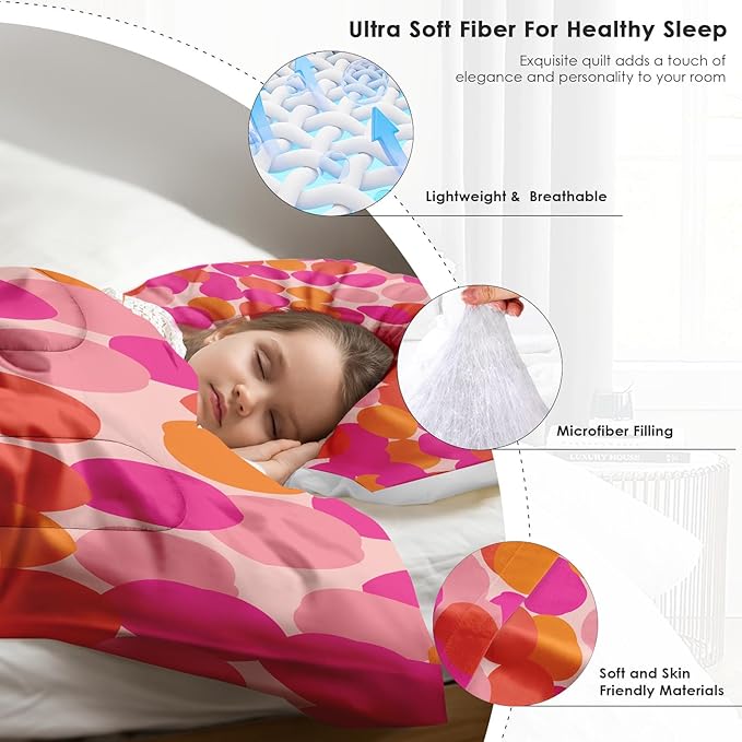 Comforter Set Twin Size, Pink Orange Colorful Soft 2 Pcs Bedding for Kids and Adults, Fruit Retro Leaves Comforter Set with Pillowcase, for Bedroom Bed Decor