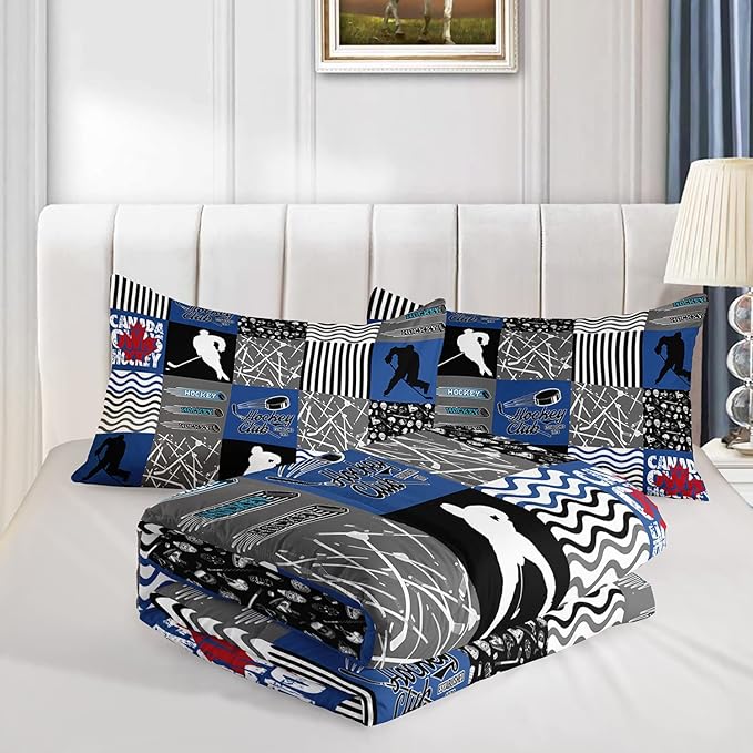 HOSIMA Ice Hockey Queen Size Comforter Sets for Boys Kids Teens Bedroom Decor,Soft Microfiber Sports Theme Blue and Gray Hockey Bedding with 2 Pillowcases,Hockey Player Bedding Comforters & Sets.