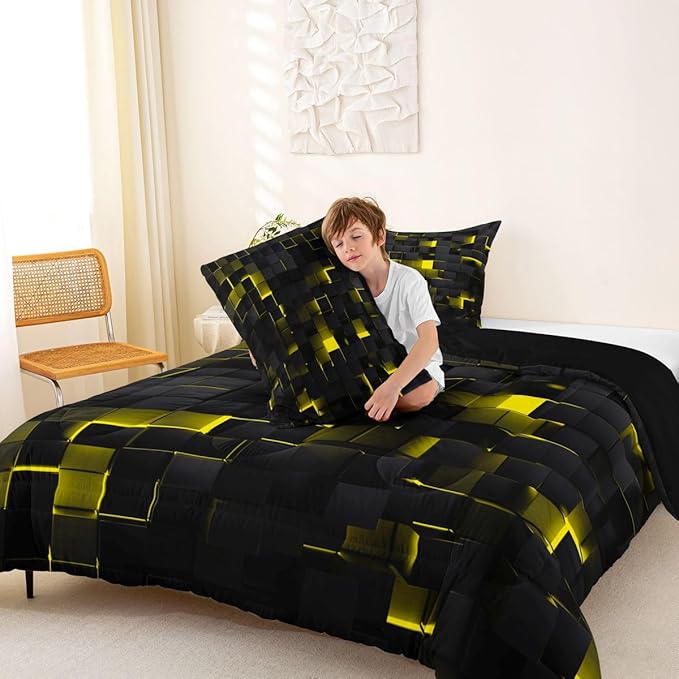 Erosebridal Black Yellow Comforter Set Twin Neon Geometric Checkered Bedding Set for Kids Adults Abstract Stereoscopic Grids Quilt Square Plaid Bed Set 2 Pcs Gamer Room Decor