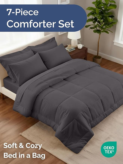 Full Comforter Set - 7 Piece Bed in a Bag Full Size Bed Set - Down Alternative Comforter, Flat Sheet, Fitted Sheet, Pillowcase & Shams for All Seasons - Ultra Soft, Comfy and Breathable - Dark Grey