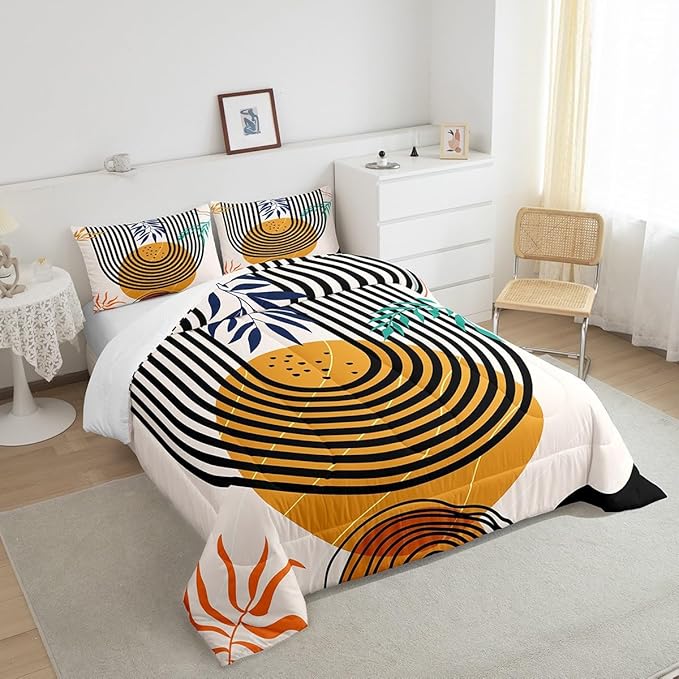 Mid Century Bedding Set King Swirl Line Comforter Set, Vintage Minimalit Duvet Insert Modern Artwork Quilt Sets, Abstract Circle Spiral Bedding Comforters & Sets Lightweight for All Seasons