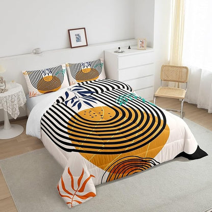 Erosebridal Mid Century Comforter Set Queen Swirl Line Bedding Set, Vintage Minimalit Down Comforter Modern Artwork Bed Set, Abstract Circle Spiral Quilted Duvet Lightweight for All Seasons
