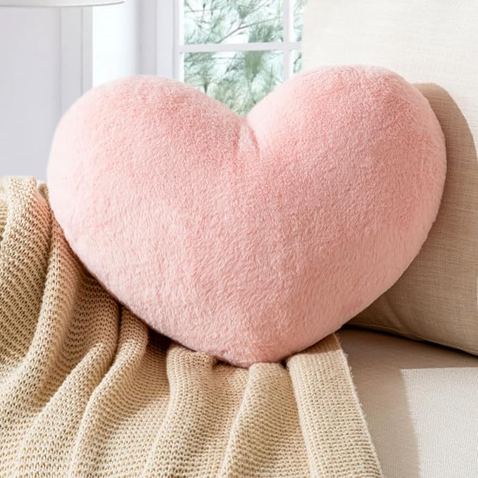 Heart Pillow Fluffy Pink Heart Shaped Throw Pillows Super Soft Faux Rabbit Fur Heart Throw Pillow Room Decorative Pillow,Wedding Decor