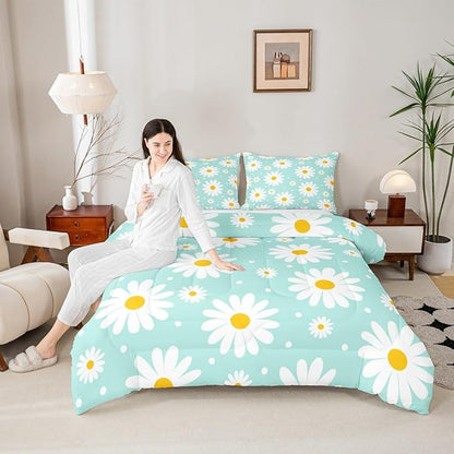 Erosebridal Teal Floral Comforter Set Cute Daisy Girly Bedding Set Garden Plants Cartoon Flowers Comforter Full Size for Kids Teen Adults,Modern Aesthetic Decor Bed Set 2 Pillow Cases