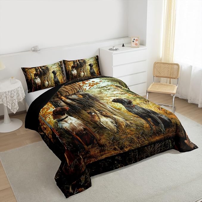 Erosebridal Pheasant Hunting Comforter Set King Size Black Dog Bedding Set Boho Farmhouse Wild Animals Down Comforter Woodland Leaves Hunter Gun Room Decor Quilt Set for Men Boys Adults Kid