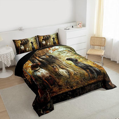 Erosebridal Pheasant Hunting Comforter Set Twin Size Black Dog Bedding Set Boho Farmhouse Wild Animals Down Comforter Woodland Leaves Hunter Gun Room Decor Quilt Set for Men Boys Adults Kid