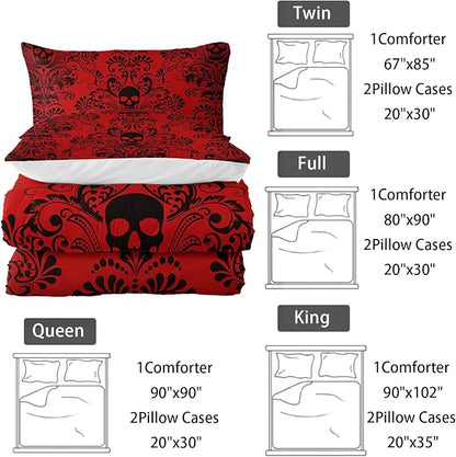 Adults Red Gothic Comforter Set Full Size,Vintage Damask Floral Bedding Set 3Pcs,Bohemia Bedding Set Goth Skull Printed Quilted Set for Teens Adult with 1 Comforter and 2 Pillowcase