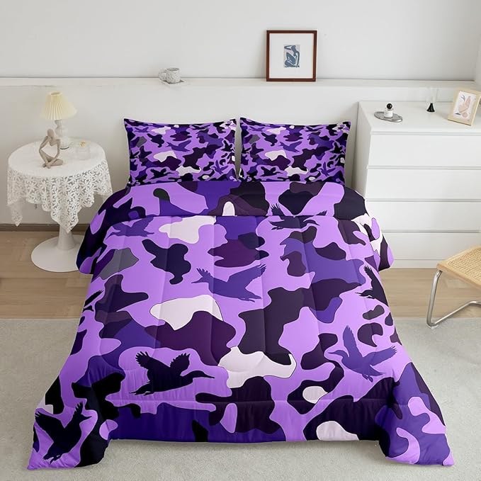 Erosebridal Duck Hunting Duvet Insert Twin Duck Hunter Bedding for Kids Girls Army Camouflage Hunting Bedding Comforter Sets Vintage Purple Black Room Decor Wild Animal Duck Rustic Comforter Set