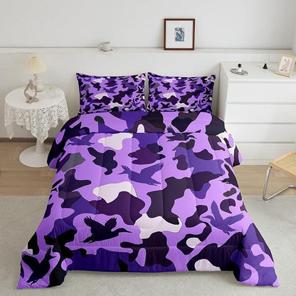 Erosebridal Duck Hunting Duvet Insert King Duck Hunter Bedding for Kids Girls Army Camouflage Hunting Bedding Comforter Sets Vintage Purple Black Room Decor Wild Animal Duck Rustic Comforter Set