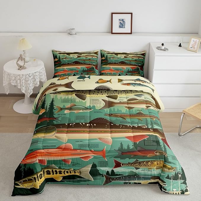 Erosebridal Fish Theme Full Bedding Set,Fishing Lake House Comforter Set for Kids Boys Girls,Big Bass Pike Fish Comforter,Rustic Cabin Farmhouse Bedroom Room Decor,2 Pillowcases Breathable