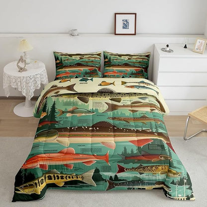 Erosebridal Fish Theme Queen Comforter Set,Fishing Lake House Bedding Sets for Kids Boys Men,Big Bass Pike Fish Quilt Bed Set,Rustic Cabin Farmhouse Bedroom Decor,2 Pillowcases Breathable