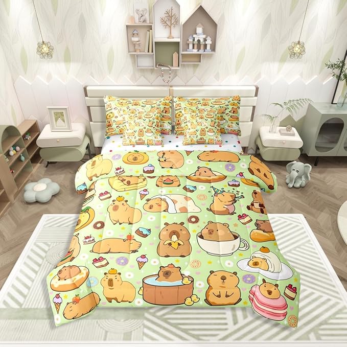 Capybara Themed 7 Pcs Bedding Set King Size,Funny Cute Capybaras Bed in a Bag,Rodent Animals Bed Set Includes Comforter,Sheet Set,Pillowcases & Pillow Covers,Yummy Desserts Love Hearts Bedroom Decor