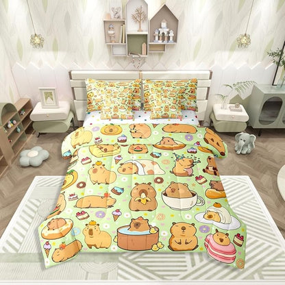 Capybara Themed 7 Pcs Bedding Set Full Size,Funny Cute Capybaras Bed in a Bag,Rodent Animals Bed Set Includes Comforter,Sheet Set,Pillowcases & Pillow Covers,Yummy Desserts Love Hearts Bedroom Decor
