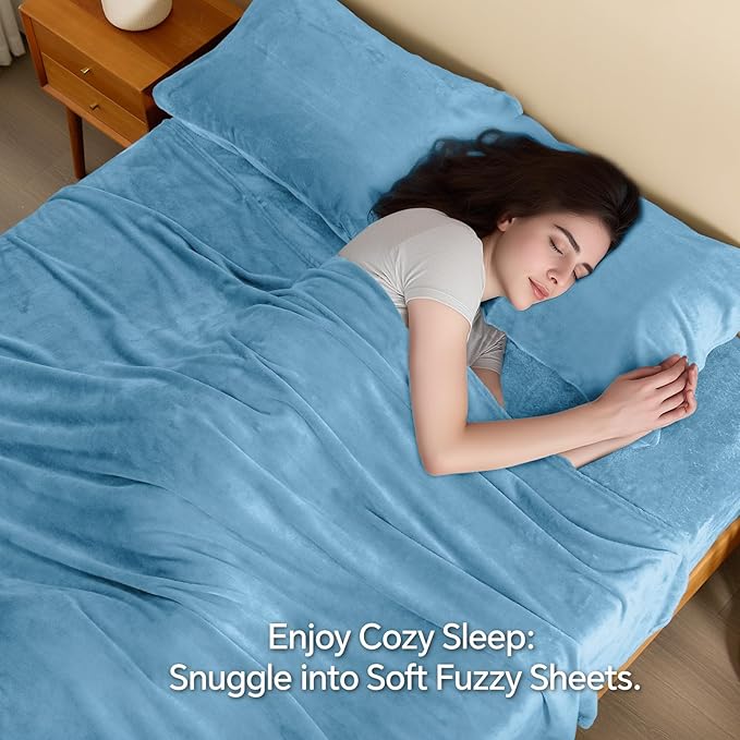 BEDELITE Flannel Sheets Twin Size Forever Blue - Super Soft Fleece Sheets Set Fluffy Extra Plush, 3 Piece(Include Fitted Sheet, Flat Sheet, 1 Pillowcase)